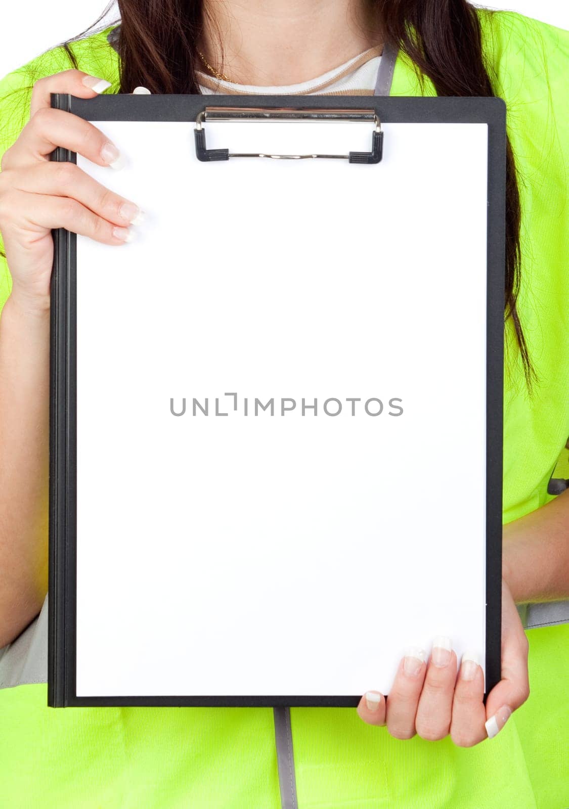 Female worker with reflector vest showing a blank paper