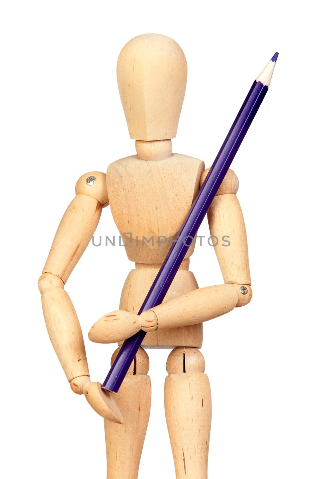 Jointed wooden mannequin with a blue pencil isolated on white background