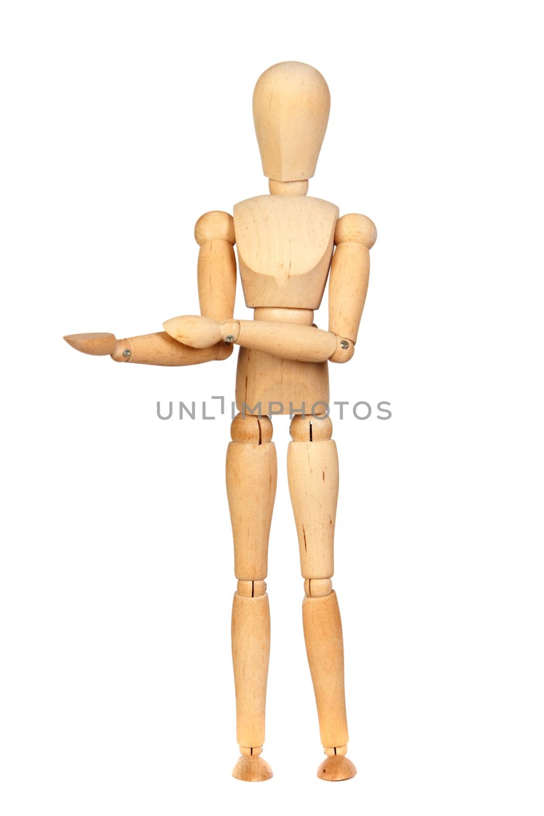 Jointed wooden mannequin with outstretched hand isolated on white background