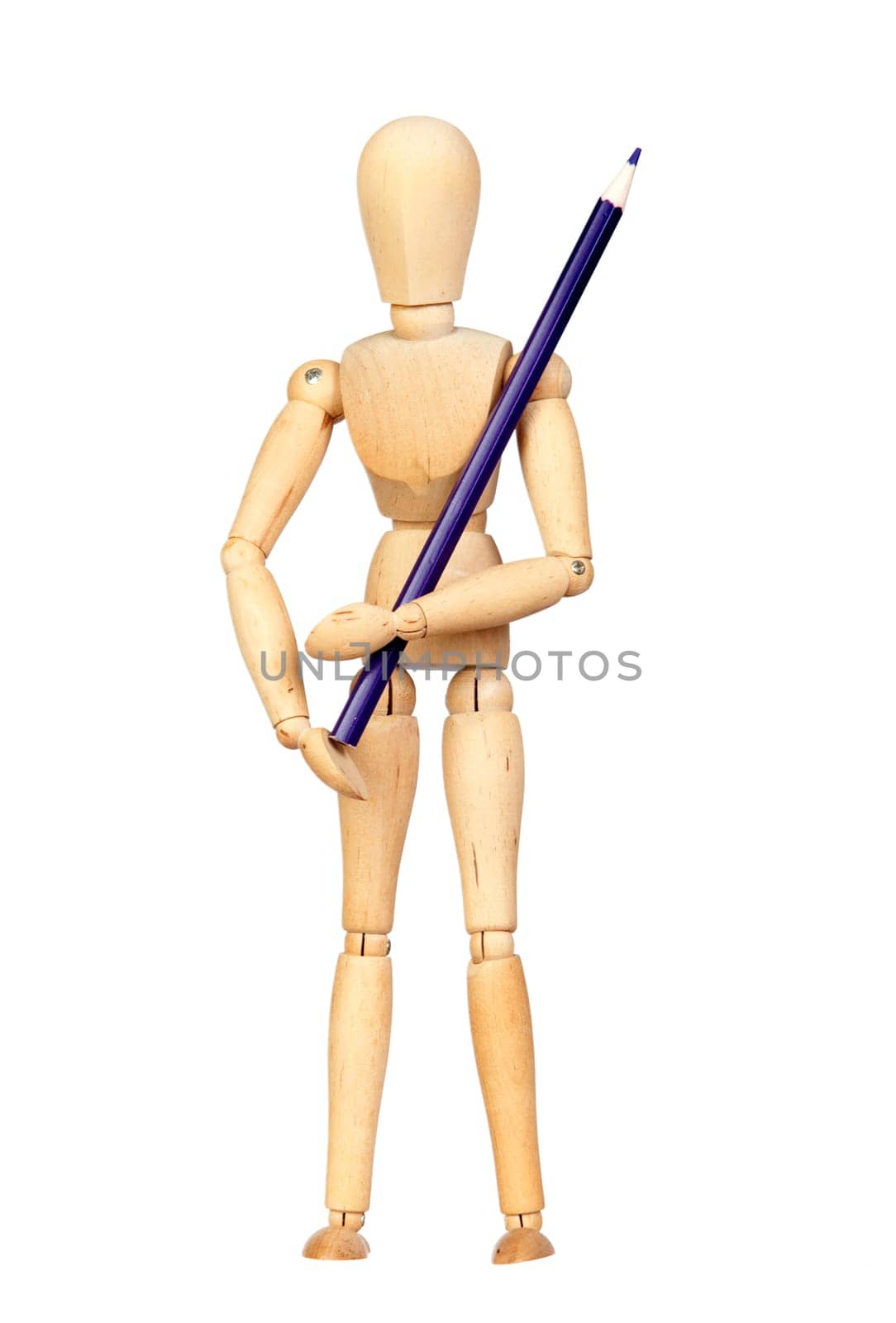 Jointed wooden mannequin with a blue pencil isolated on white background