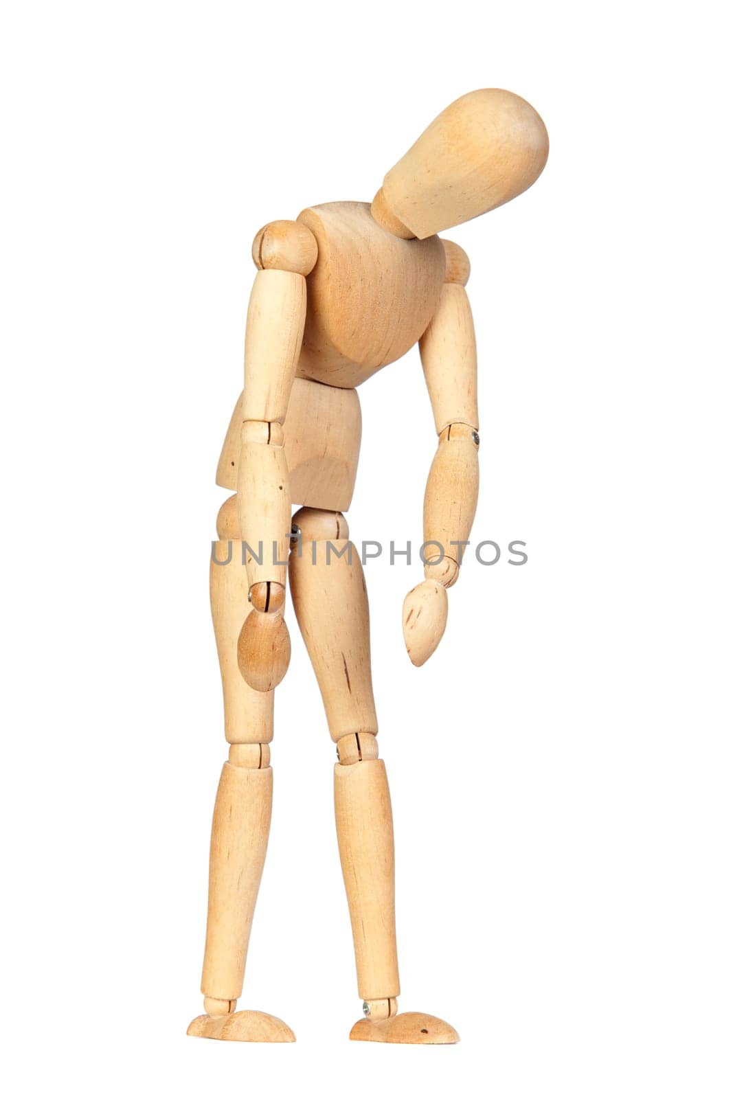 Jointed wooden mannequin representing discouragement isolated on white background
