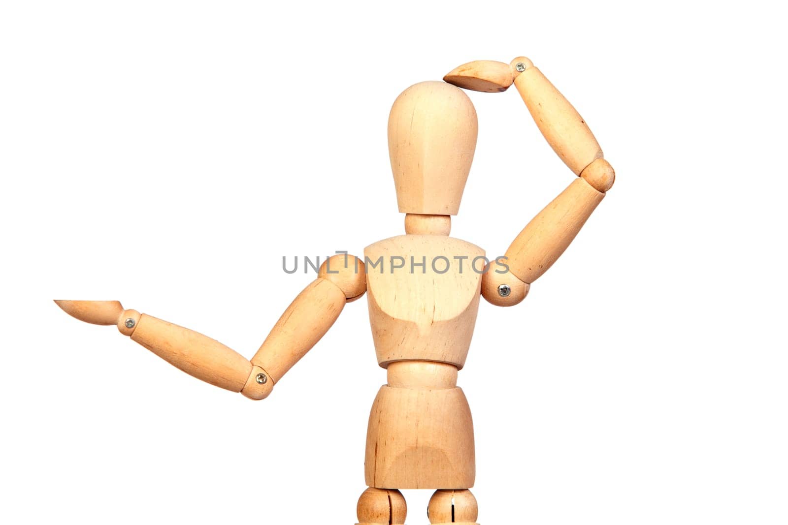 Jointed wooden mannequin looking something isolated on white background