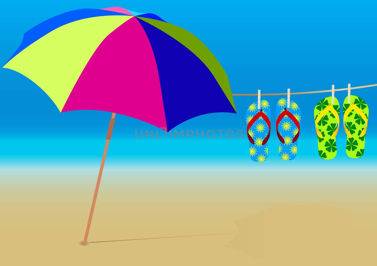 Summer Background - Beach Umbrella and Hanging Flip-Flops on Empty Sandy Beach