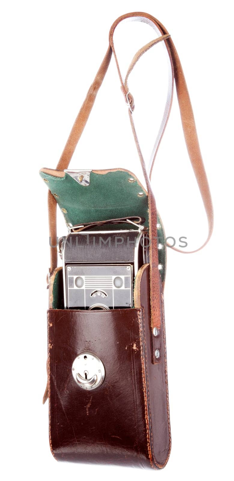 Old photo camera in leather case