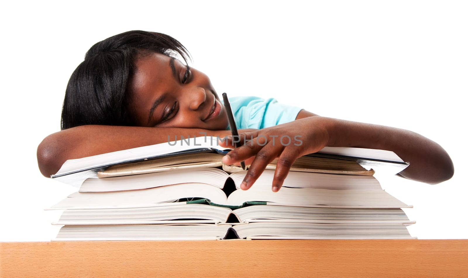 Student tired of doing homework studying with pen laying unmotivated on stack open books, isolated.