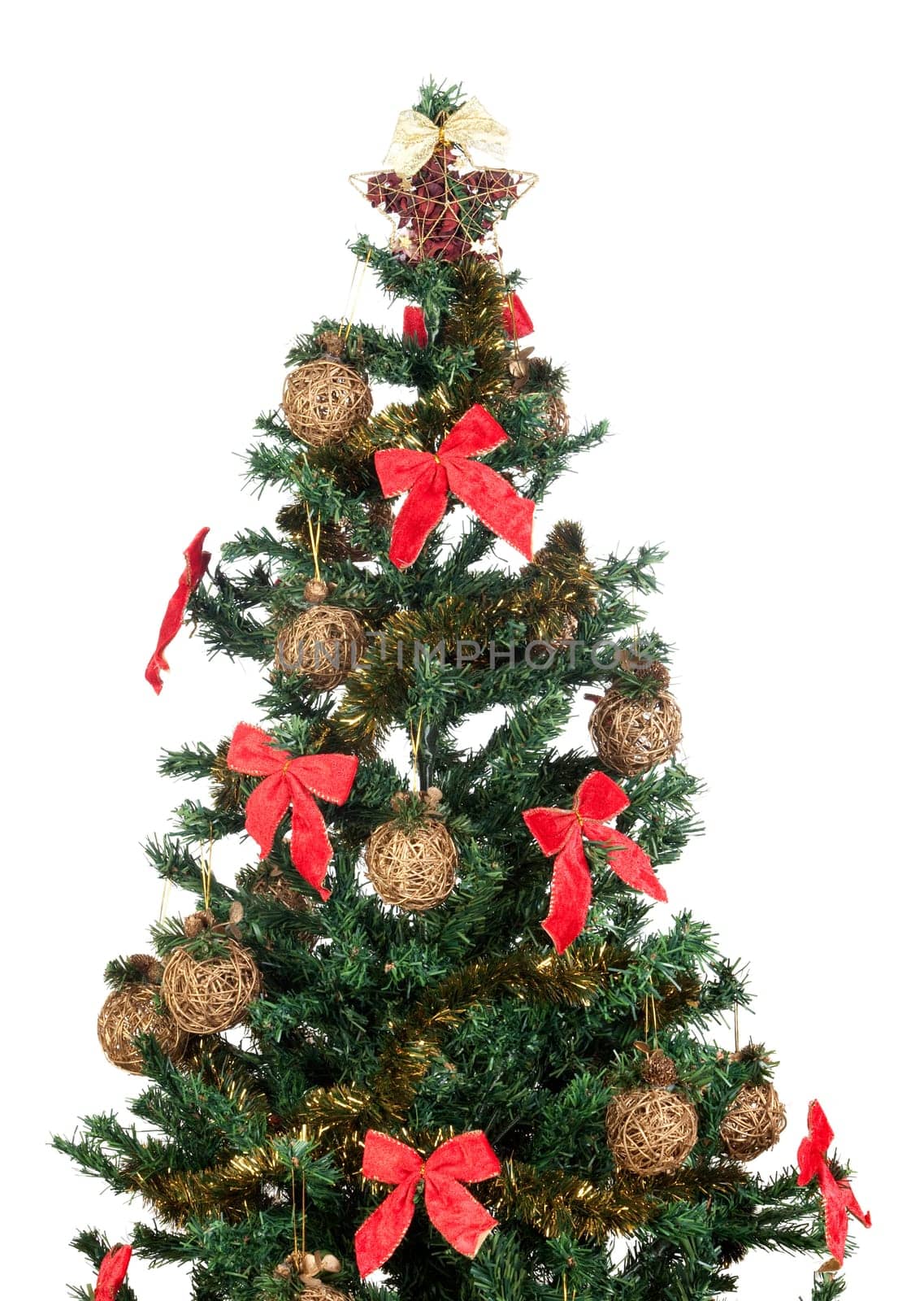 Beautiful Christmas tree with red ribbons and gold balls isolated on white background