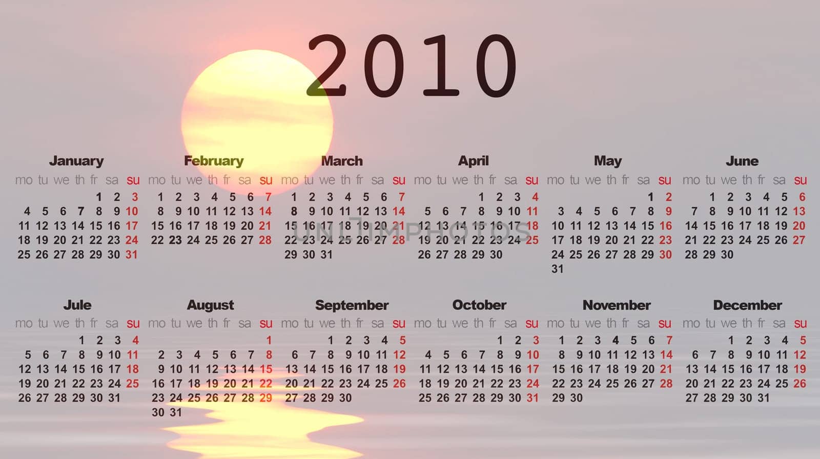 Calendar of year 2010 with a beautiful sunrise