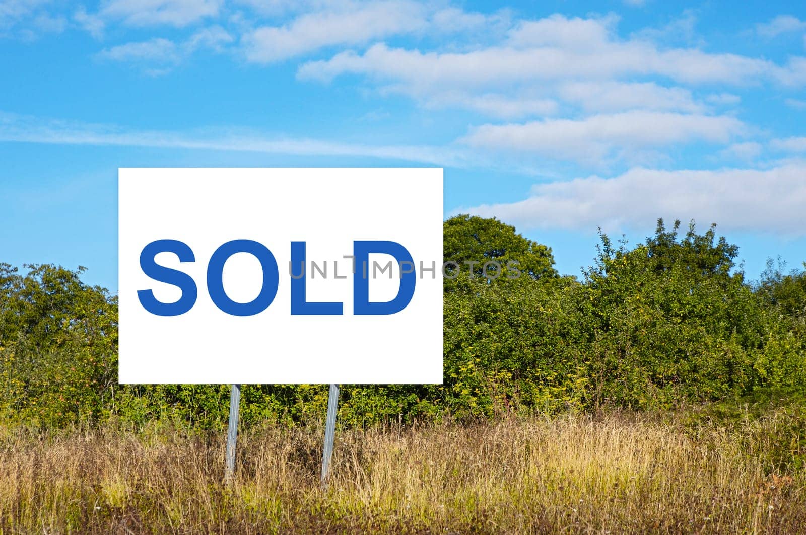 Blank billboard with message "sold"" in the field"