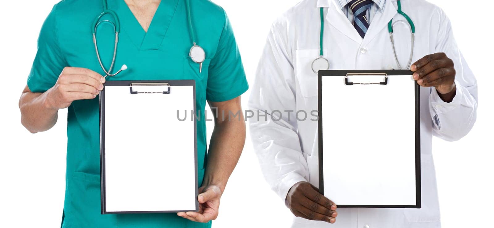 Medical team whit clipboard on a over white background