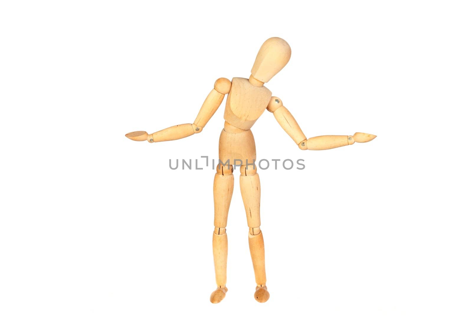 Undecided jointed wooden mannequin isolated on white background