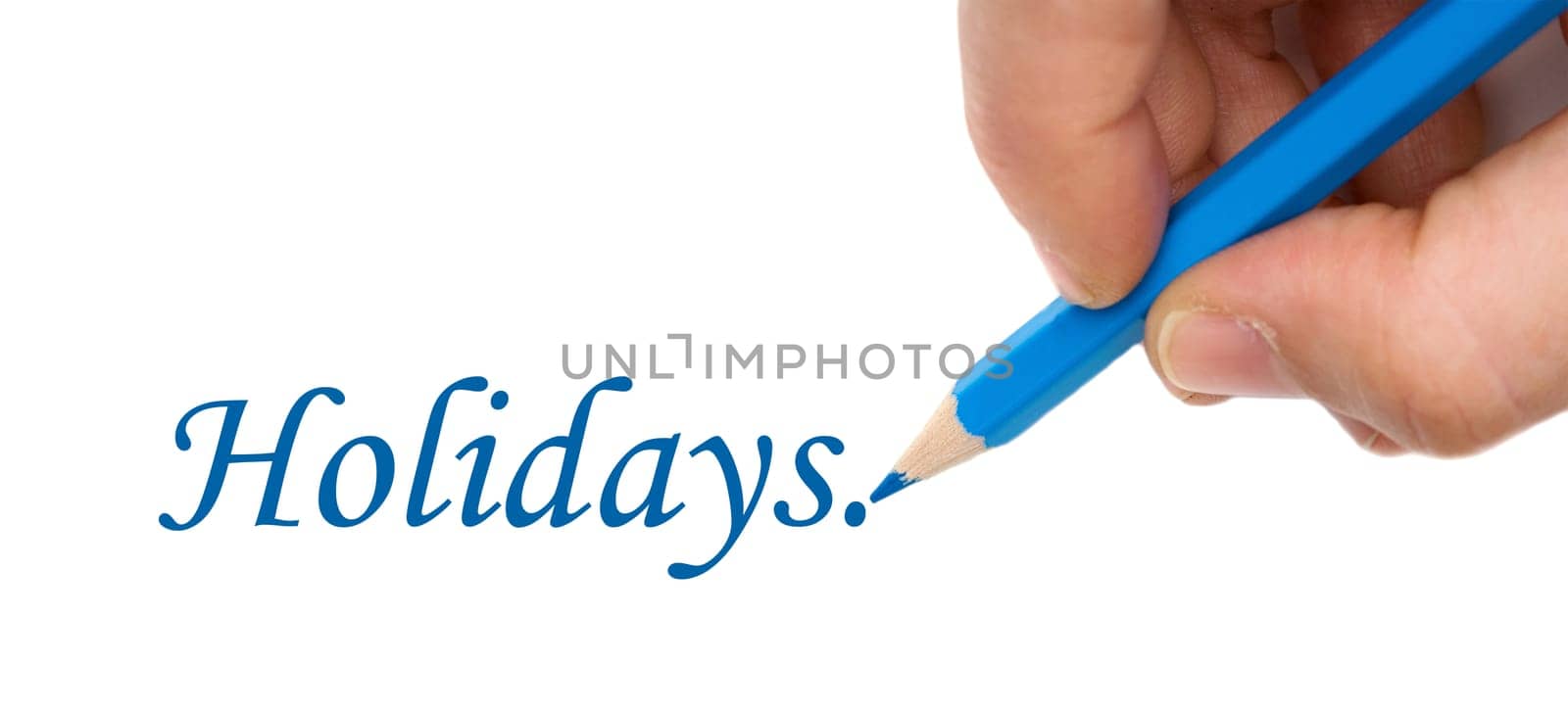 Hand with blue pen writting the word "Holidays""on a white background"