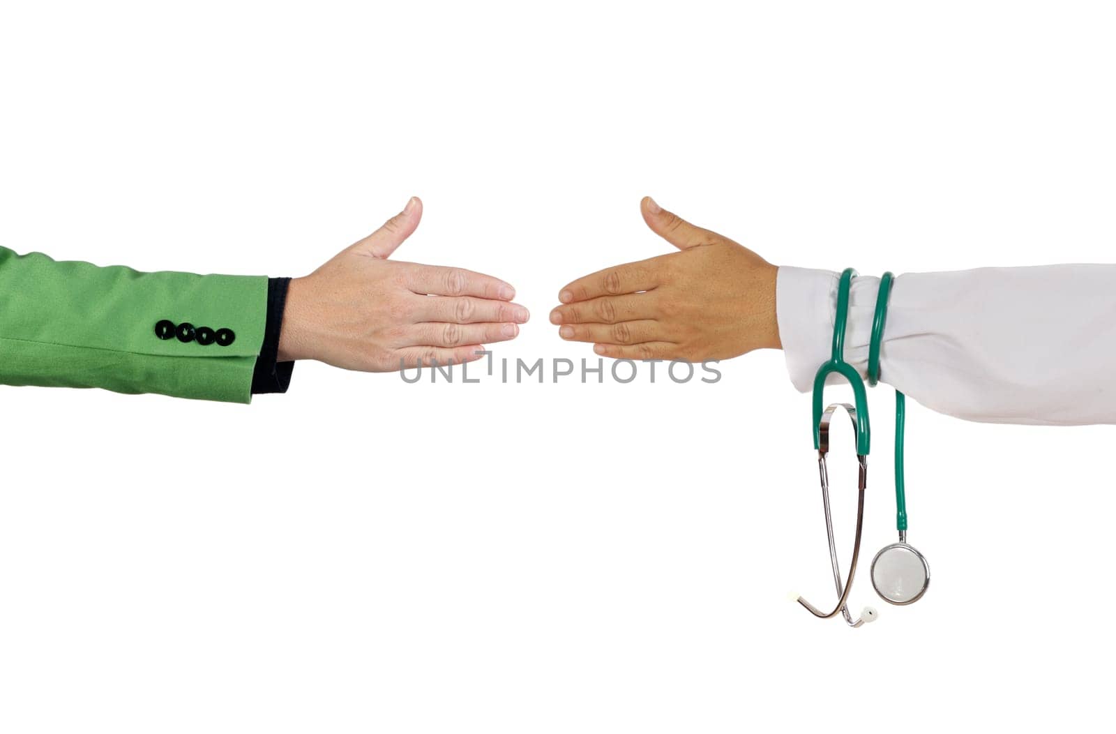 Handshake to close a deal between medical and business person on a white background