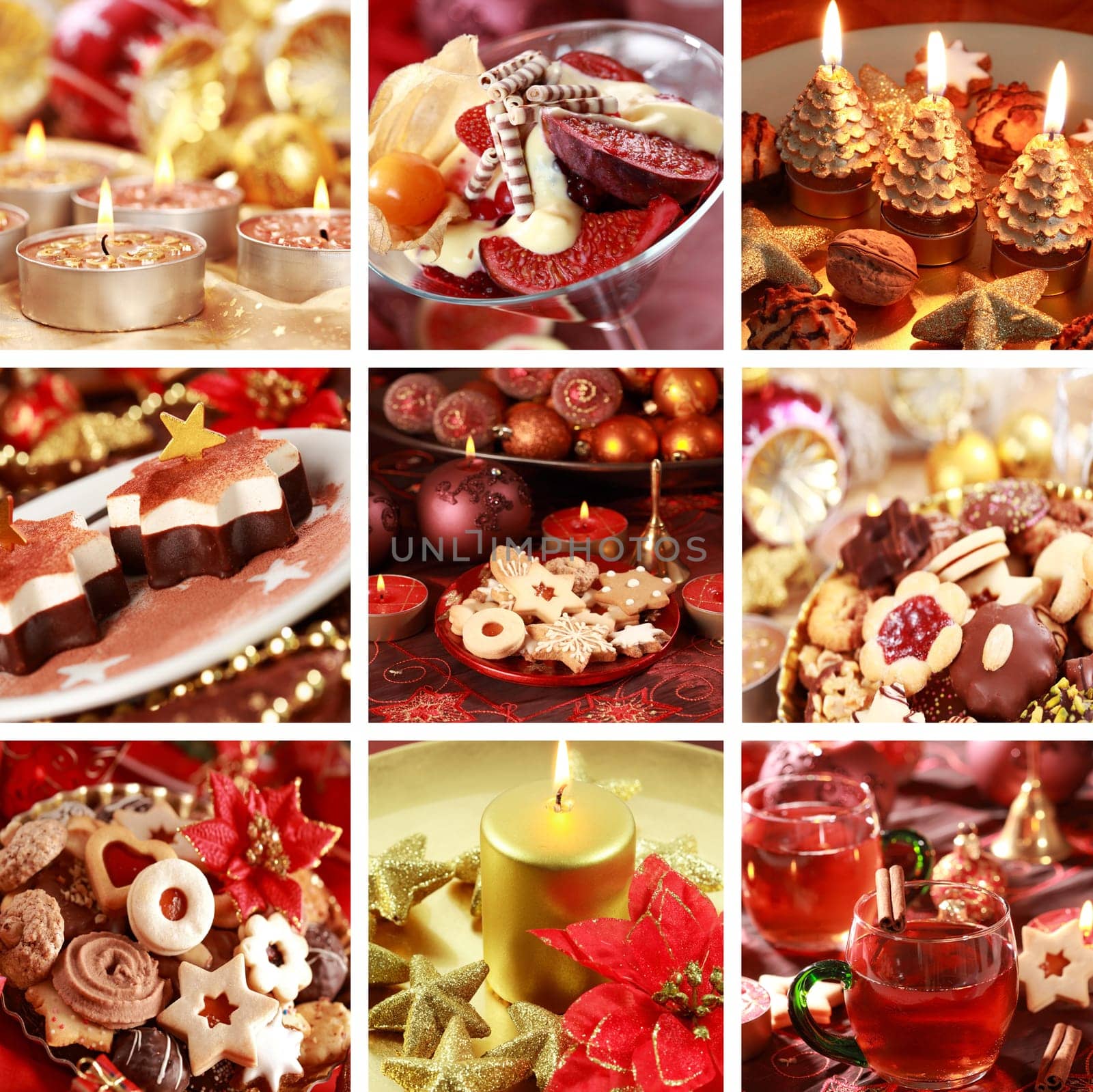 Collection of nine still live photos for Christmas in red and golden tone
