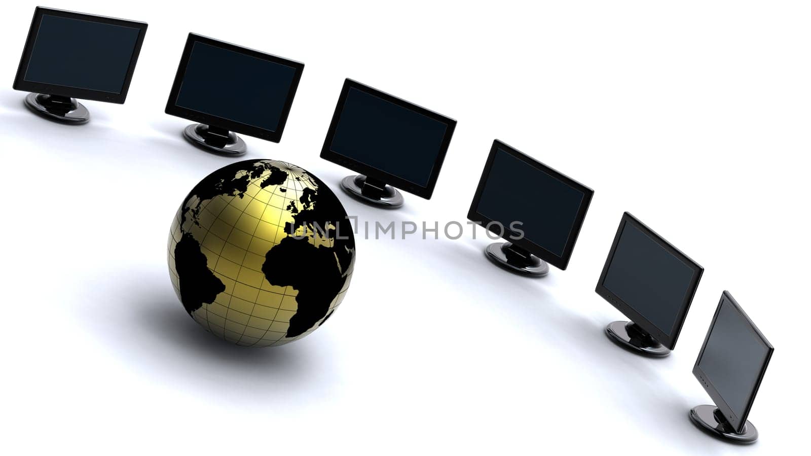 3d golden earth on white background with lcd screens