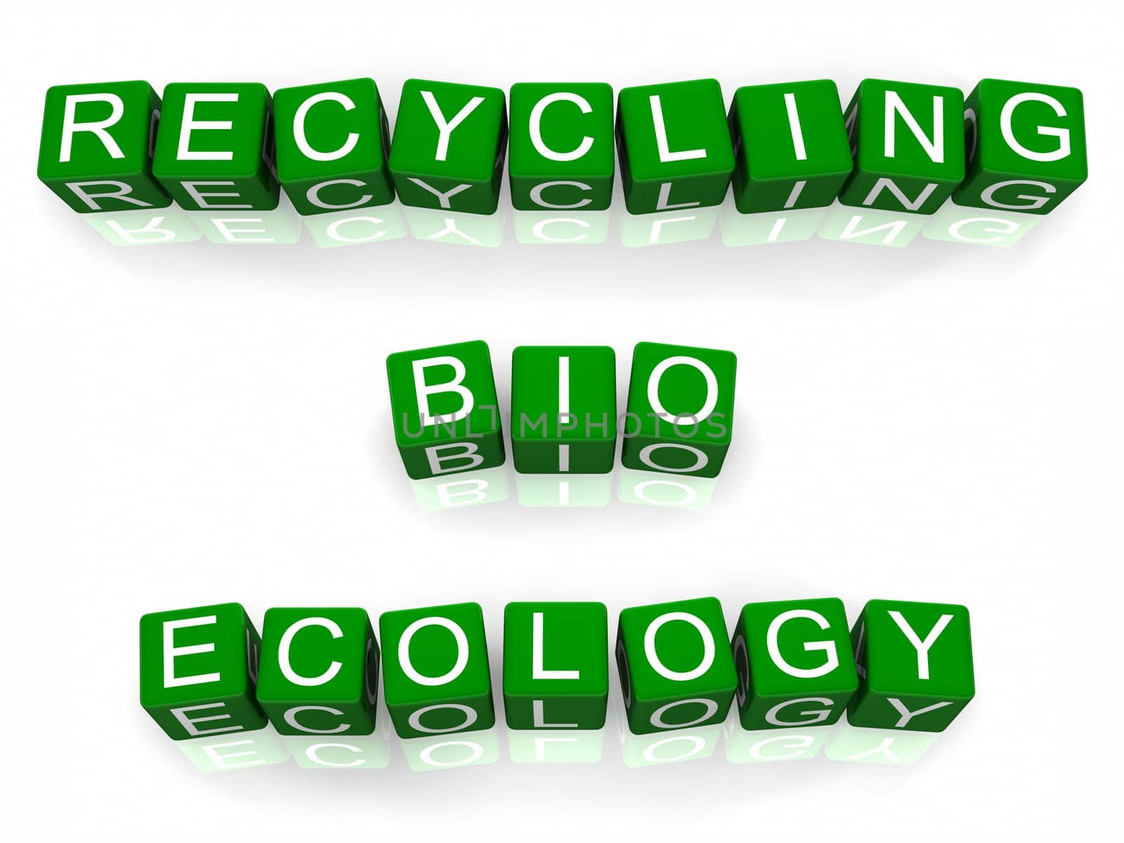 Green boxes with letters arranged in three words - recycling, bio and ecology - white background, 3d render