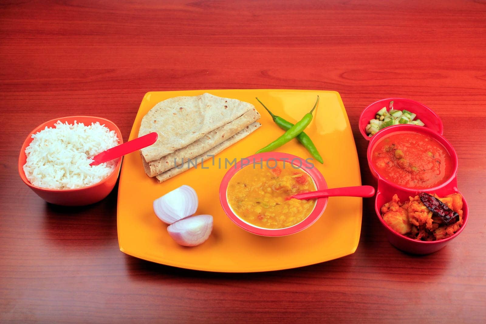 Simple indian meals with rice, chapatti and dal