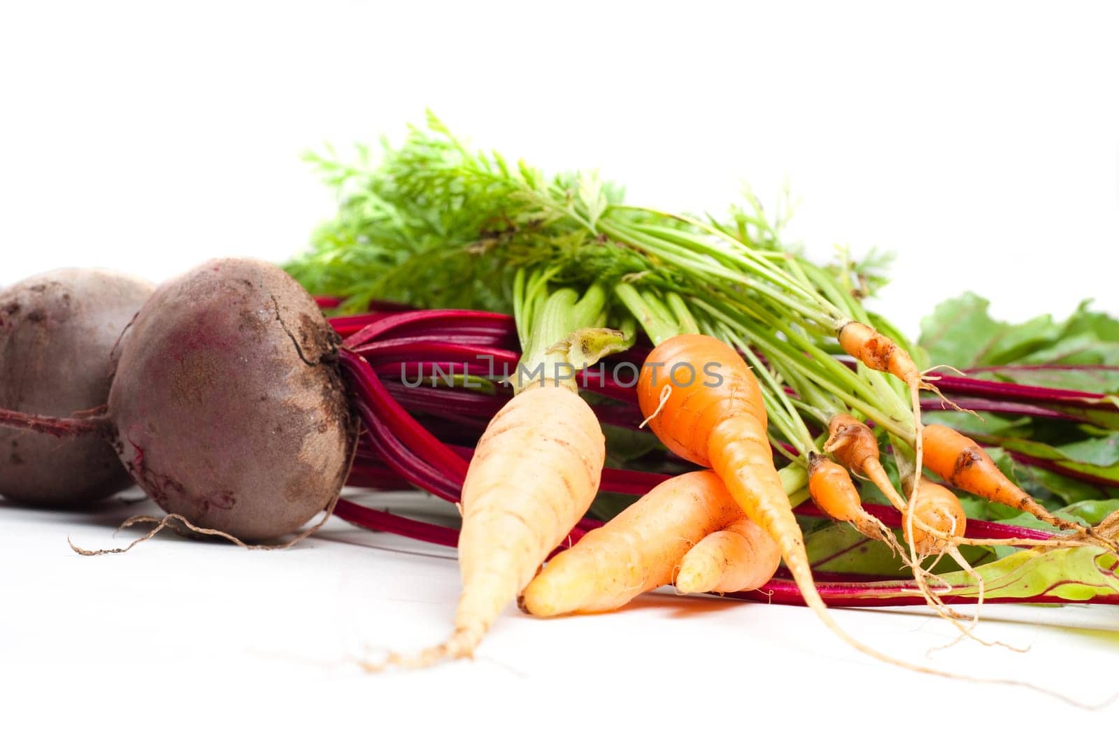 Shot of young beet and carrot isolated on white