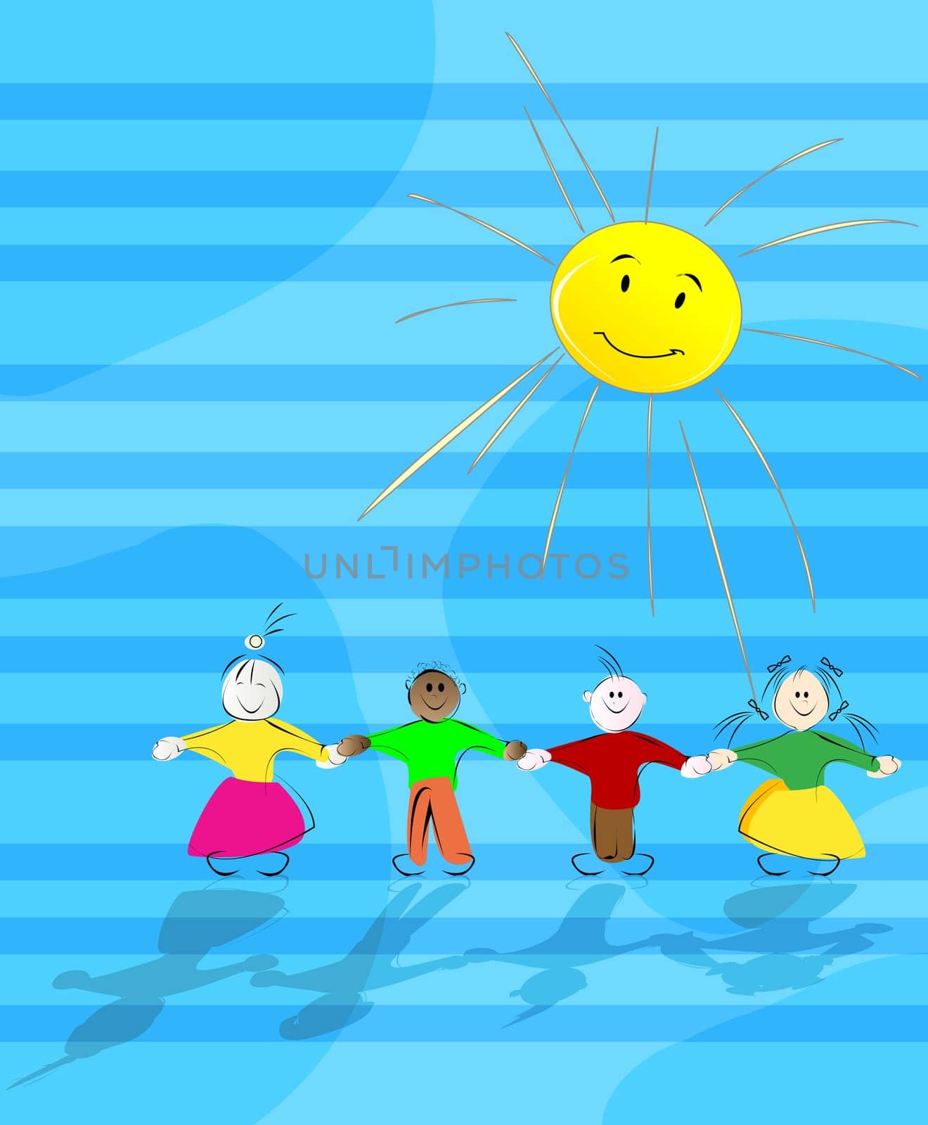 Cartoon children in the sun, abstract background illustration