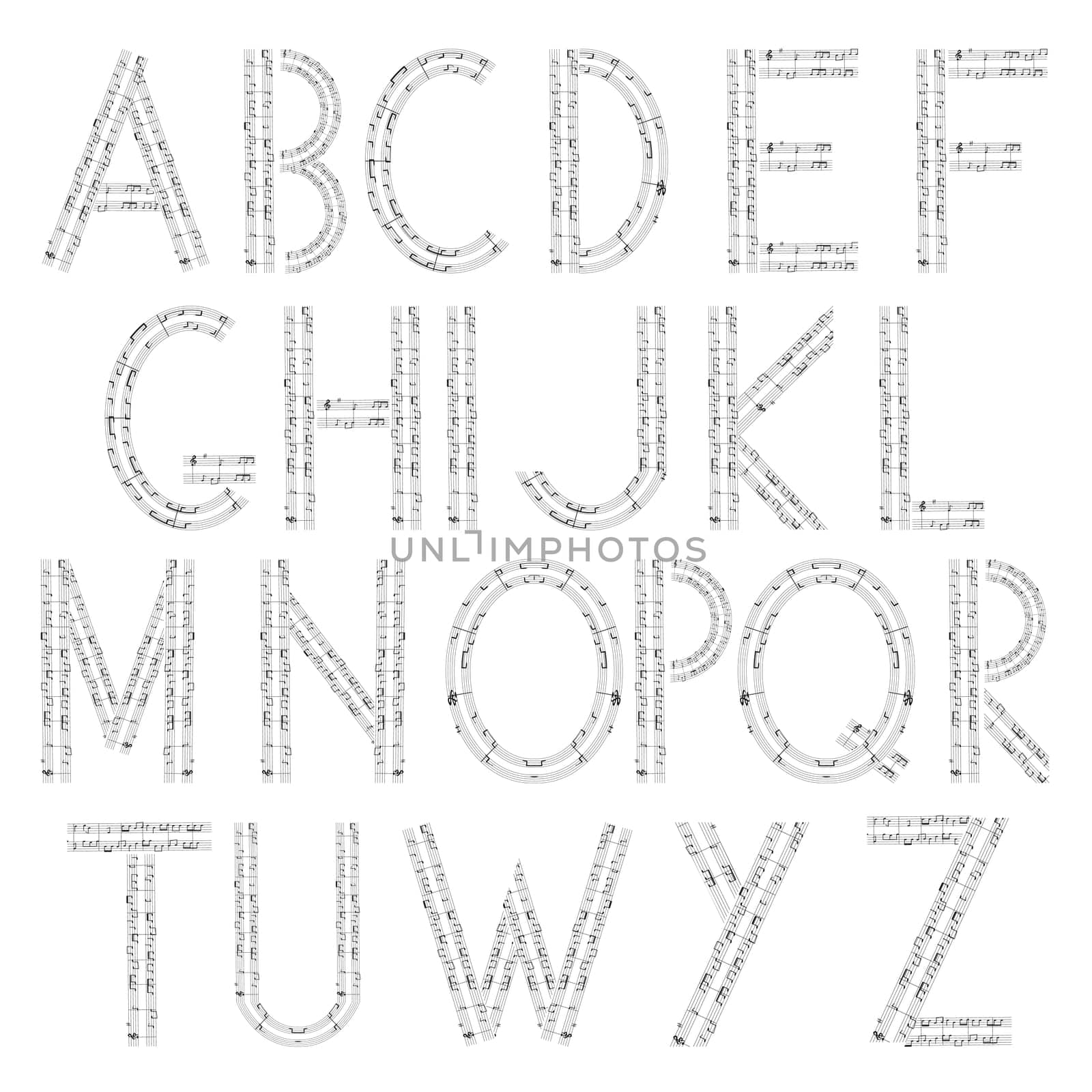 Musical alphabet, siolated and grouped objects over white background