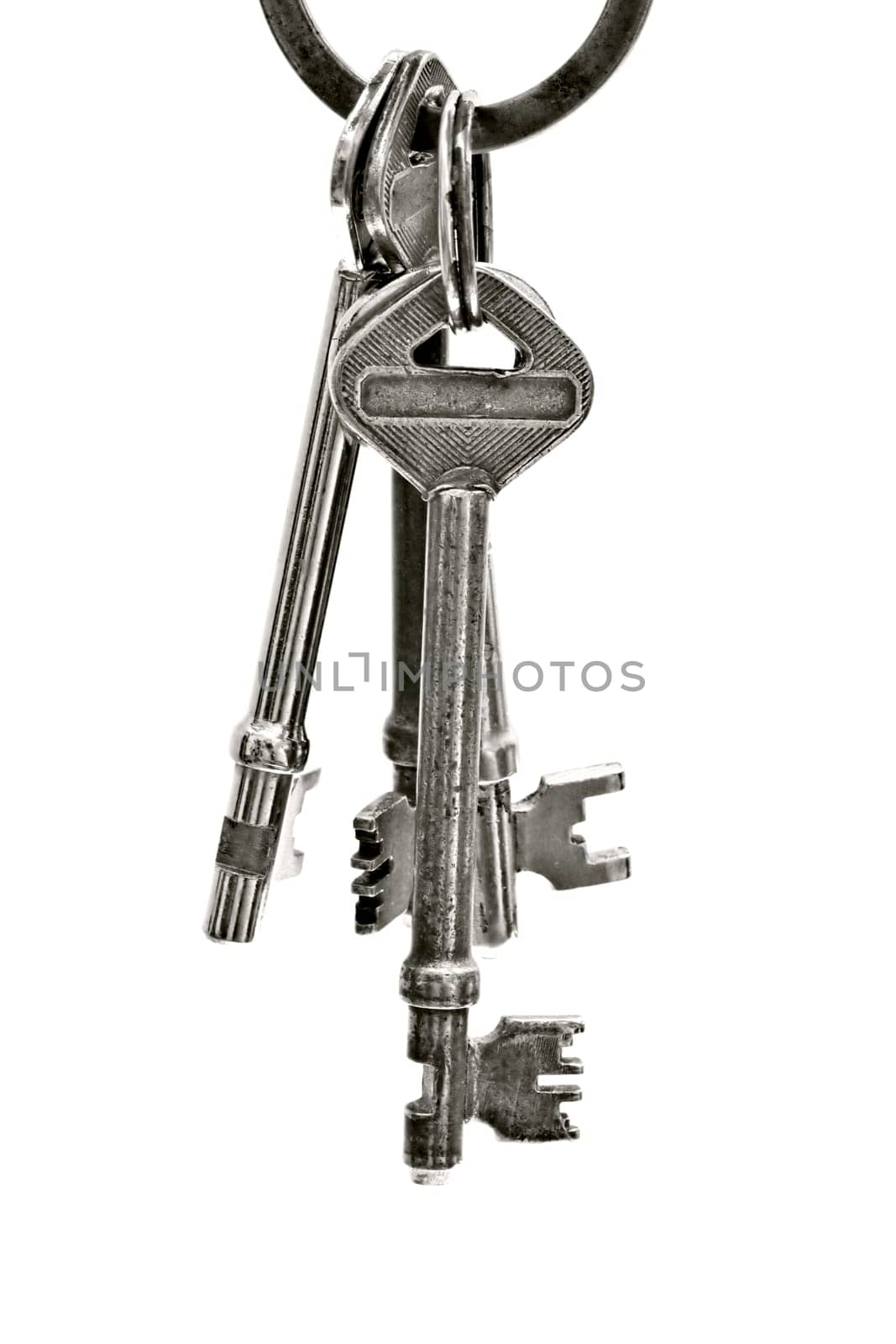 old keys closeup on white background.