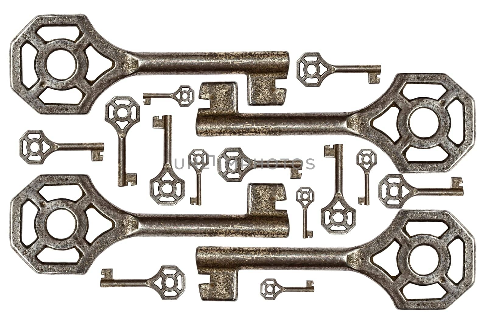 old keys closeup on white background.
