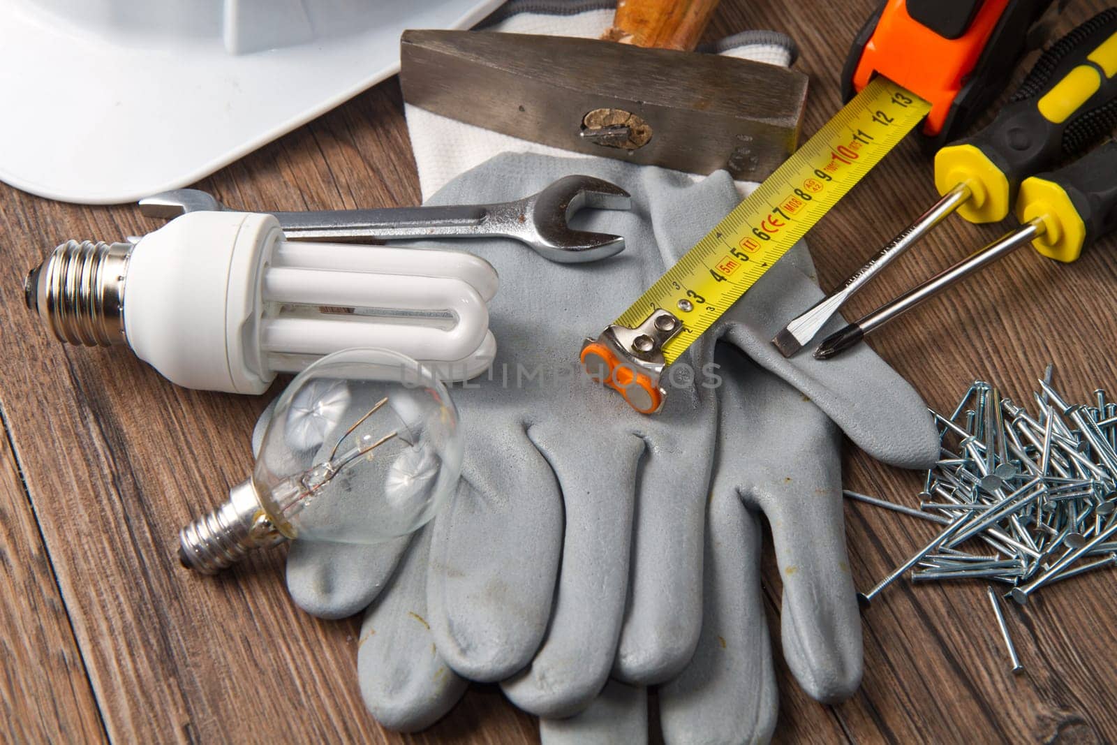 set of tools and instruments on wood table