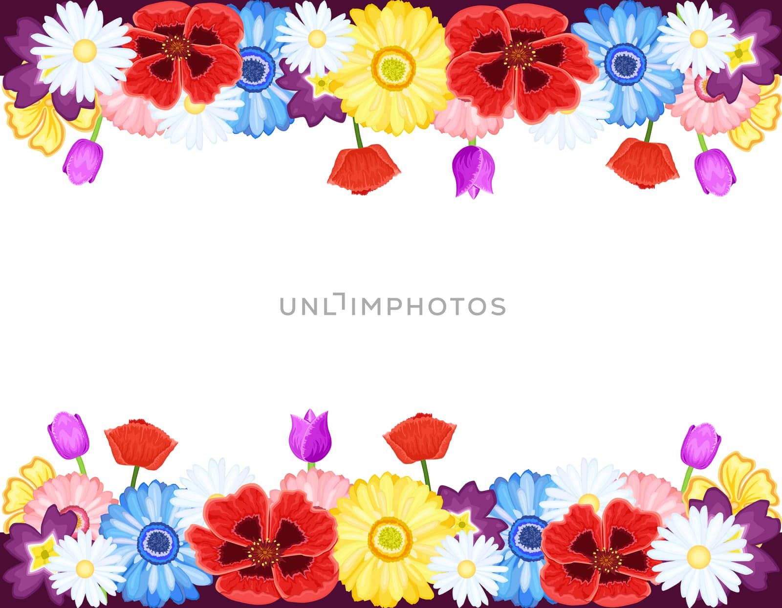 Beautiful flowers borders - spring and summer. Isolated over white background with room for your text.