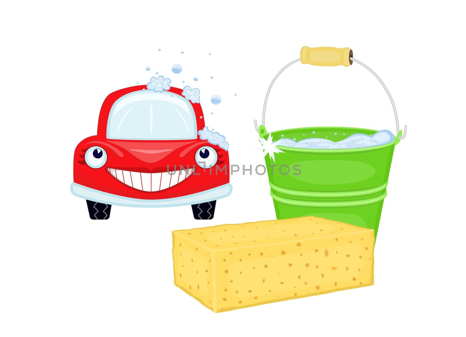 Car wash with happy red car and bucket with soapy water. Isolated over white background.