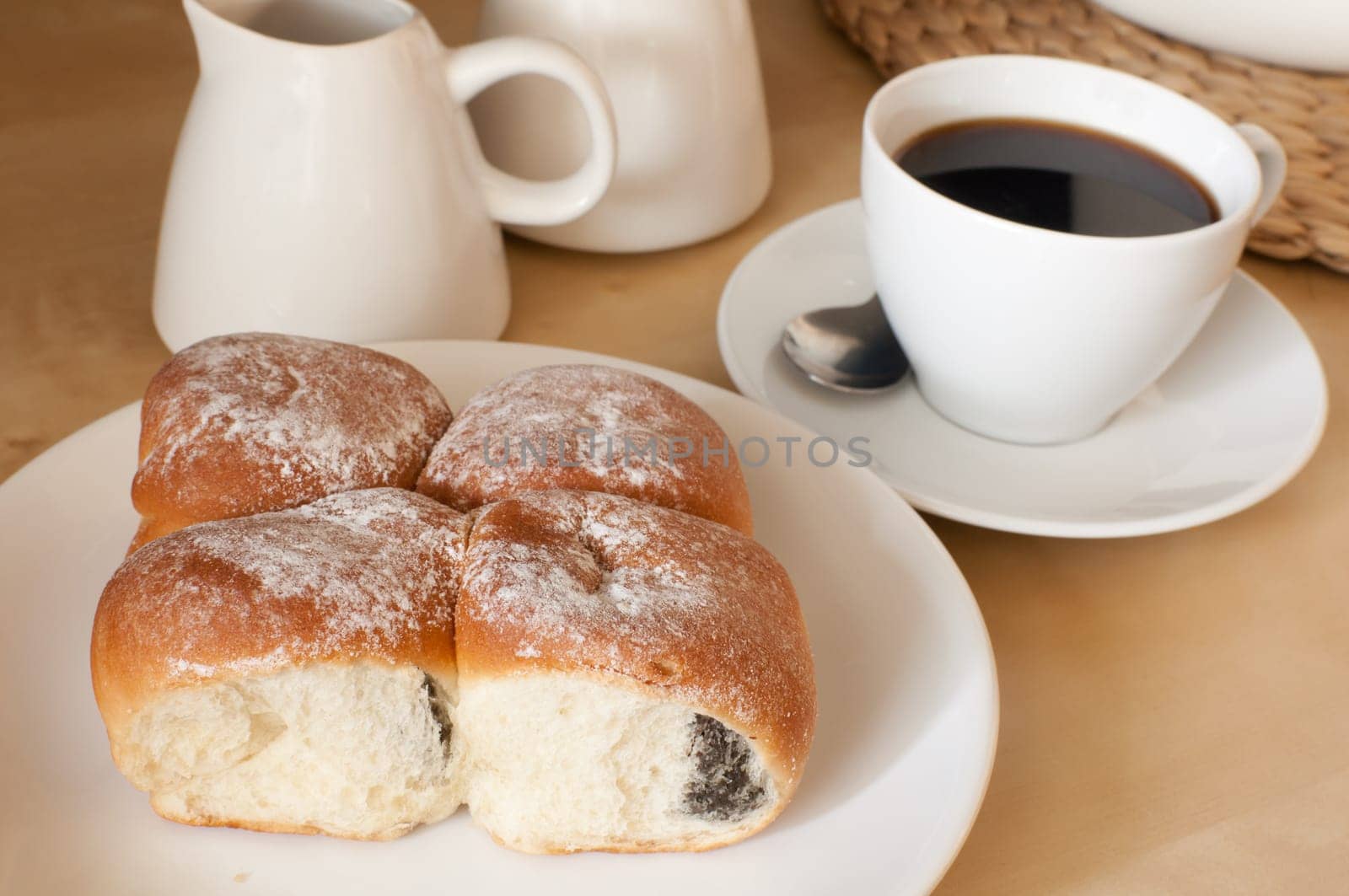 Espresso Coffee and Traditional Homemade Stuffed Cakes Filled With Damsoncheese on the Table