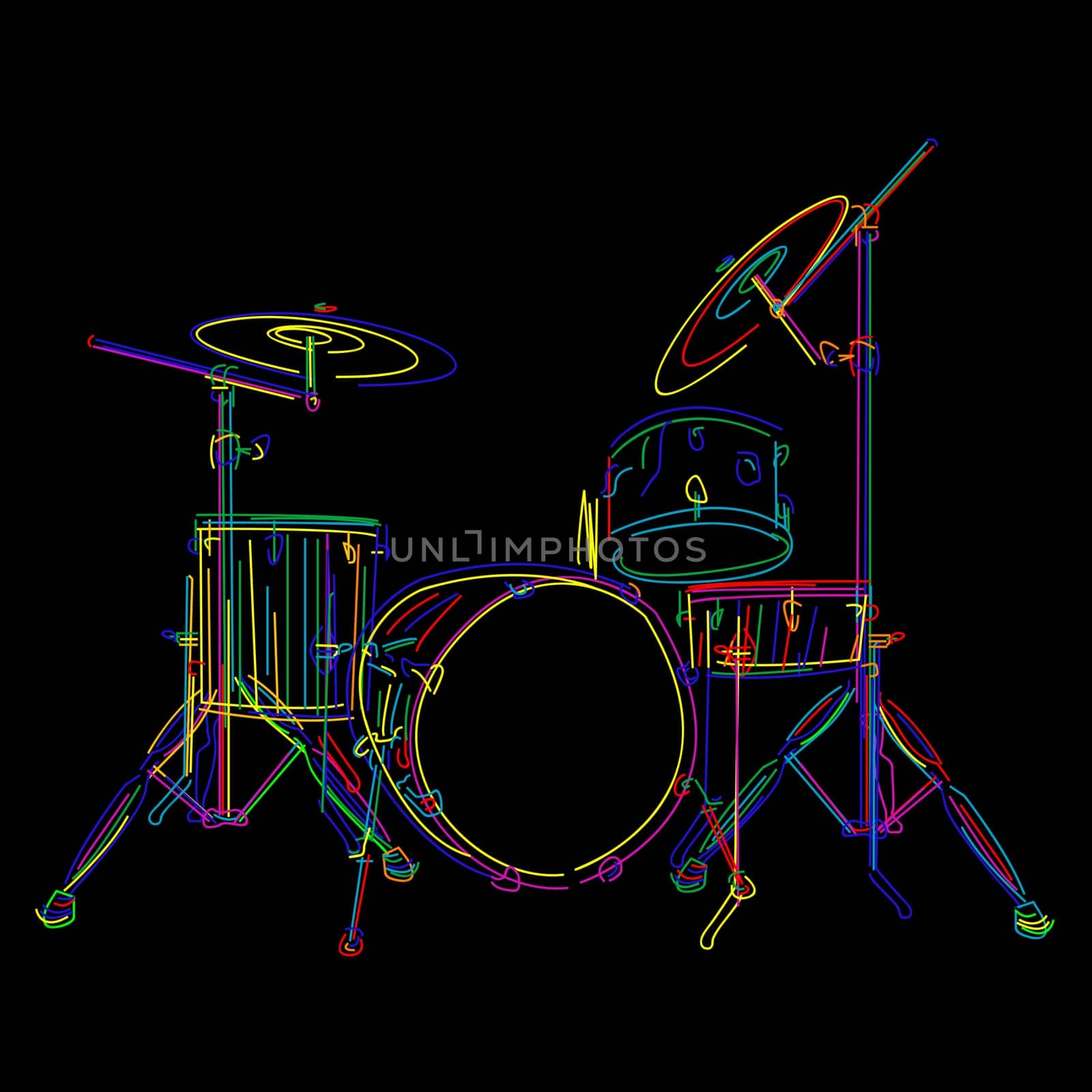 Stylized drum kit graphic over black