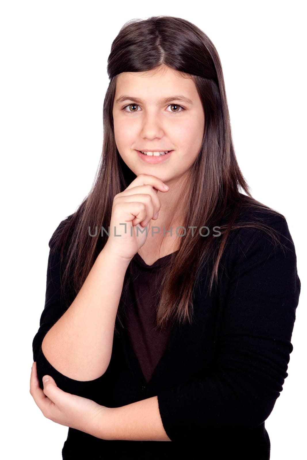 Pensive preteen girl isolated on white background