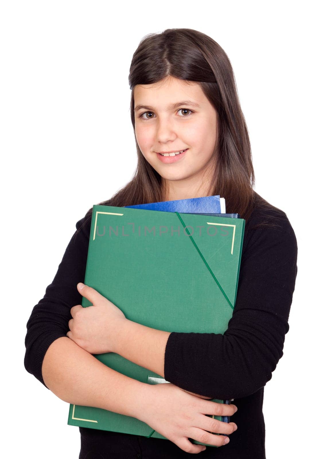 Student girl with green folder isolated on white background