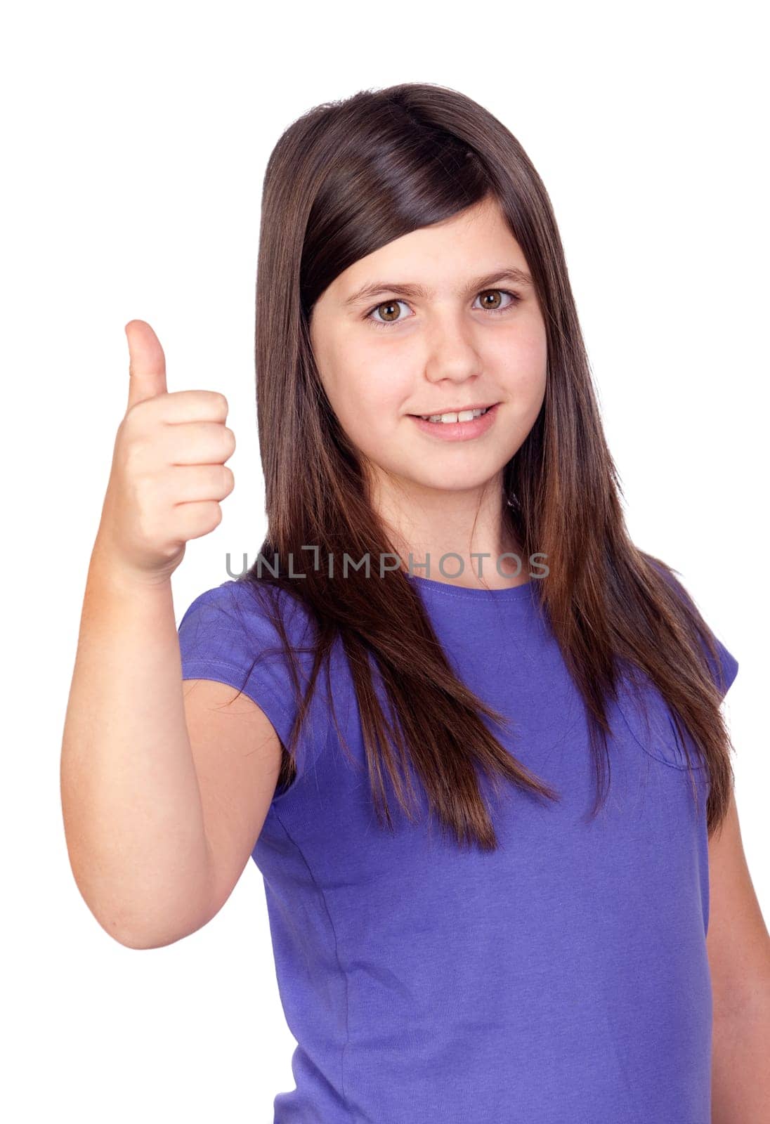 Adorable preteen girl accepting with the tumbs isolated on white background