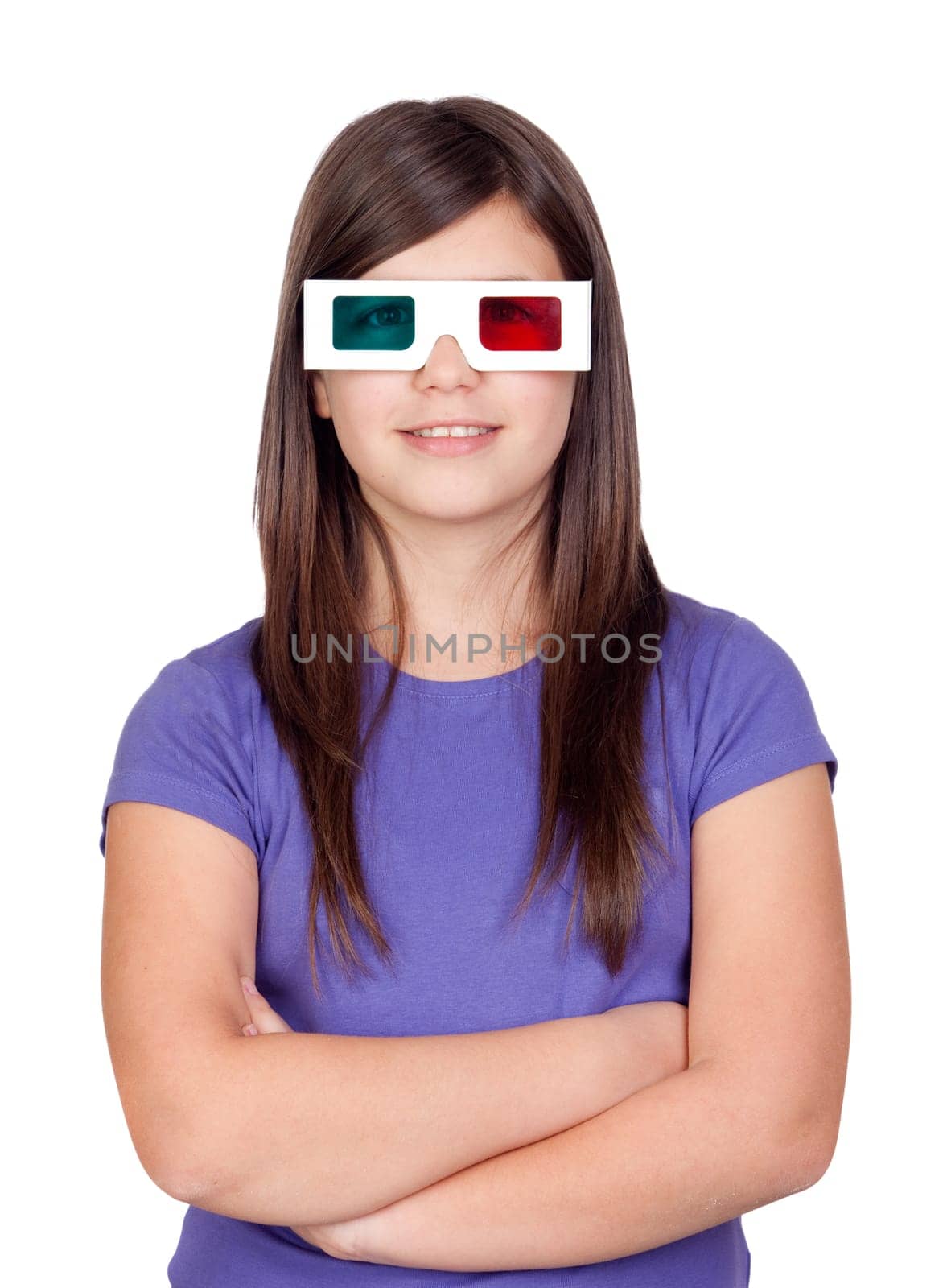 Preteen girl with three-dimensional glasses isolated on white background