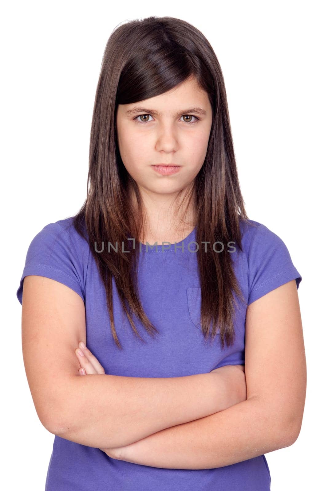 Angry preteen girl isolated on white background
