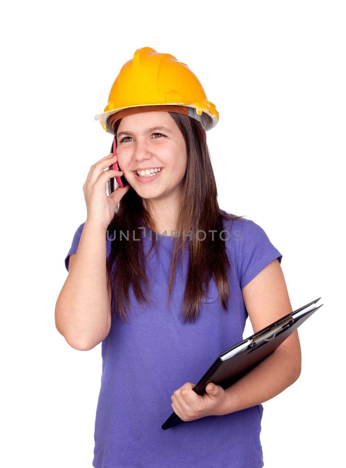 Adorable preteen girl with helmet and a mobile isolated on white background