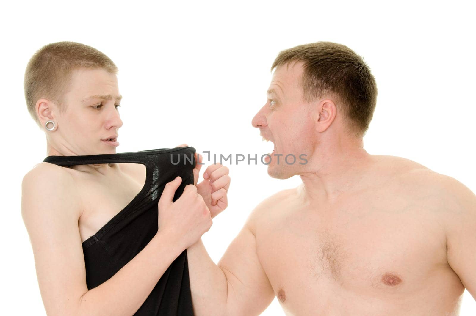 The malicious aggressive father brings up the son of the teenager