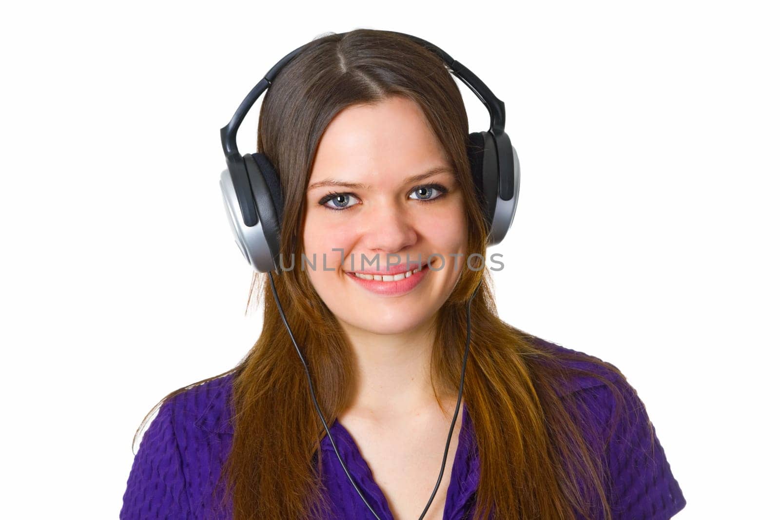 Attractive young woman with headphones isolated on white background