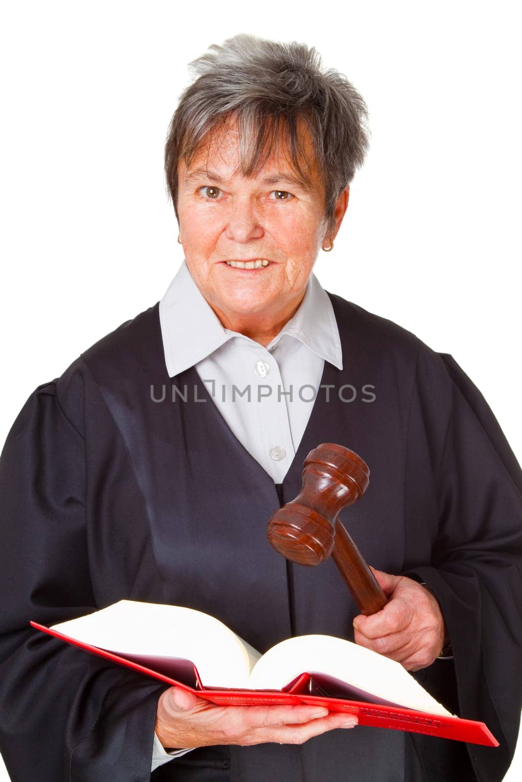 Female lawyer with law book on white background