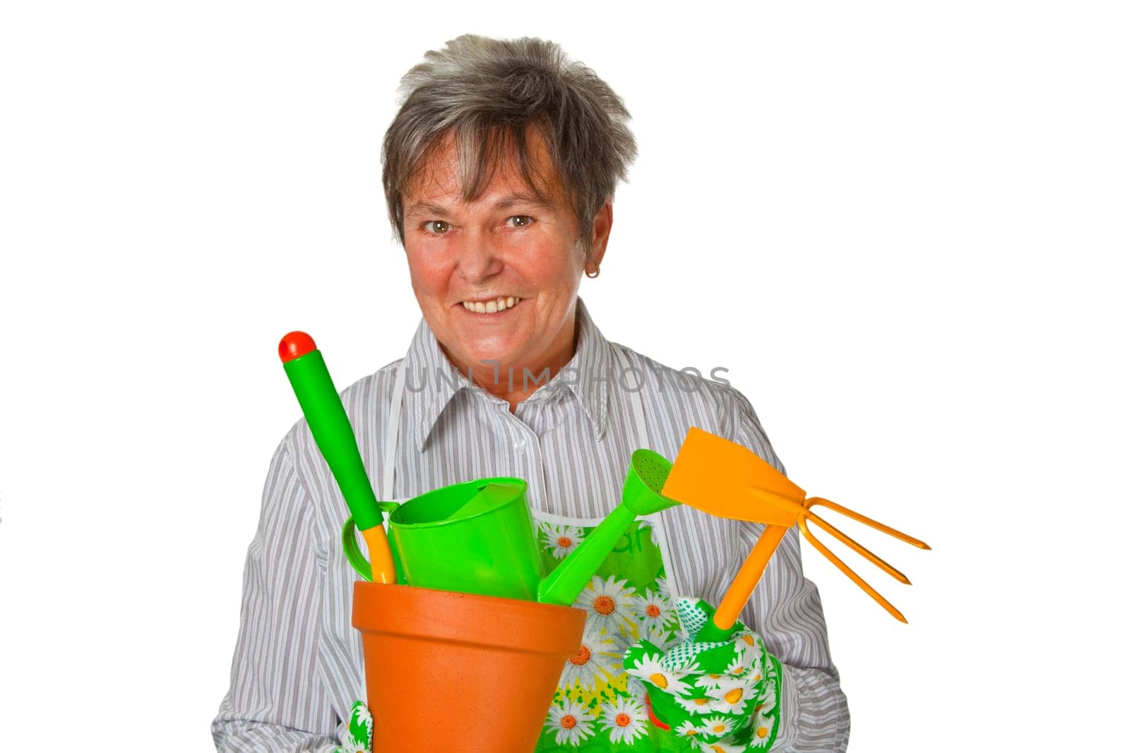 Senior woman with garden apron - isolated on white background