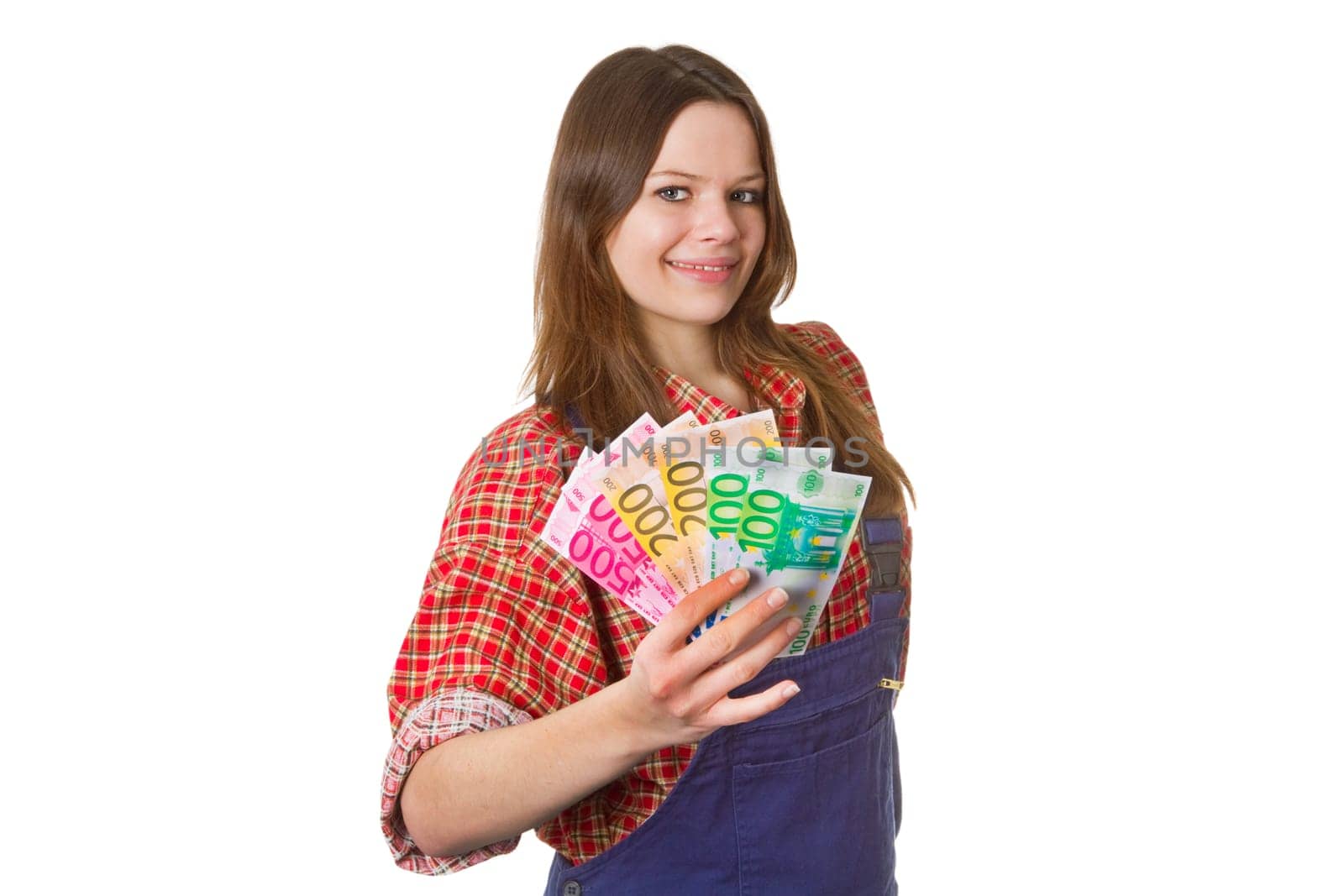 Young craftswoman with banknotes isolated on white background