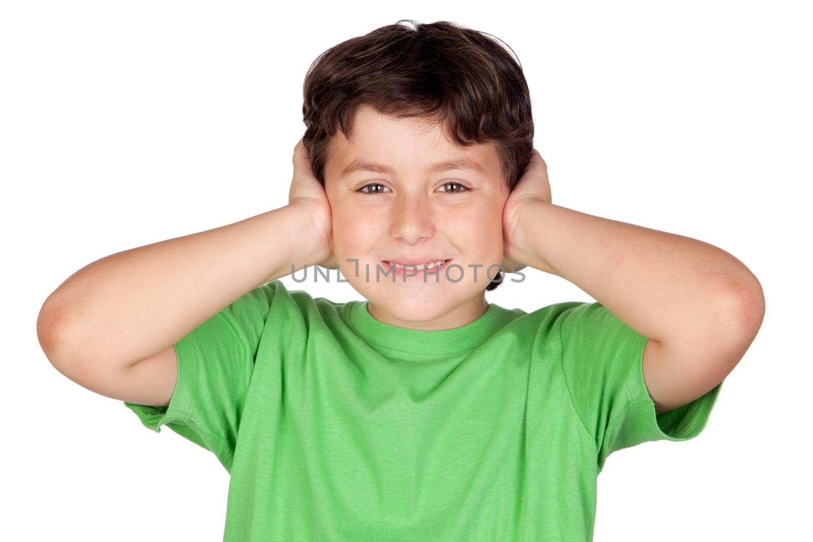 Child holding his hands against his ears a over white background