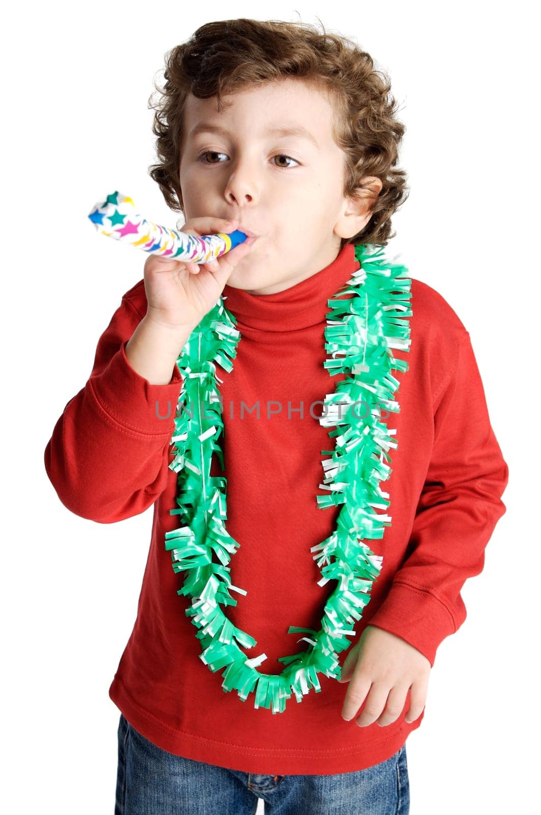 adorable boy celebrating a celebration a over white background