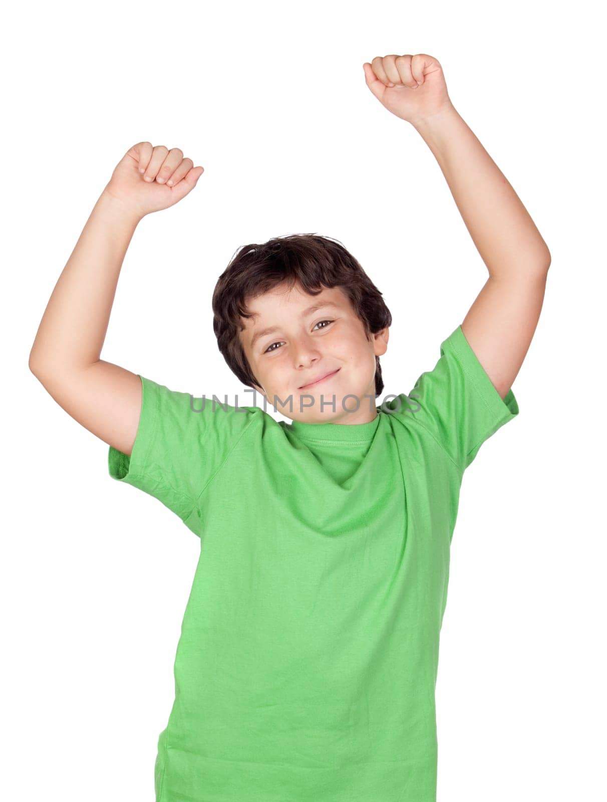 Winner boy with green t-shirt isolated on a white background