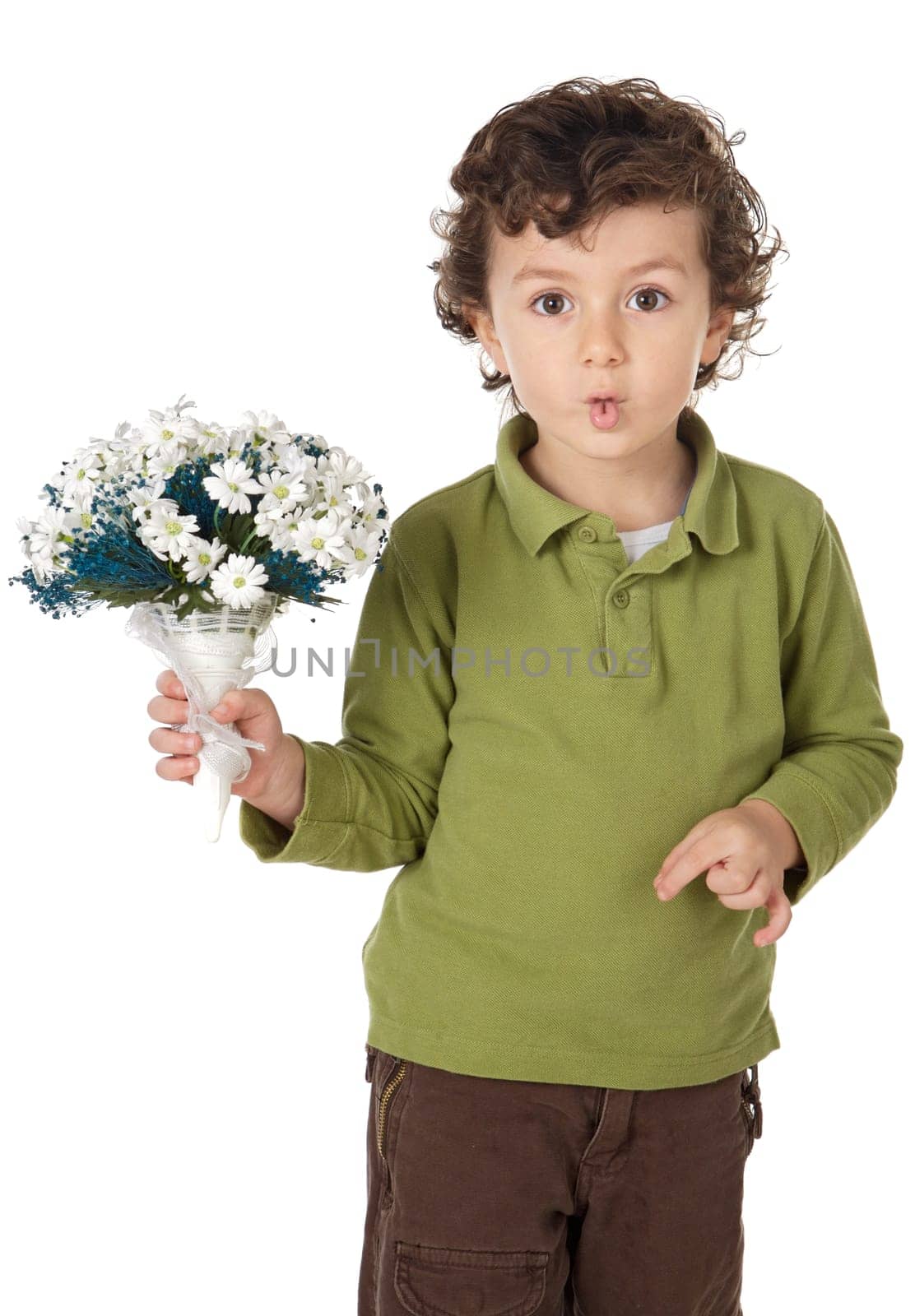 photo of an adorable boy with flowers and making trivialities a over white background