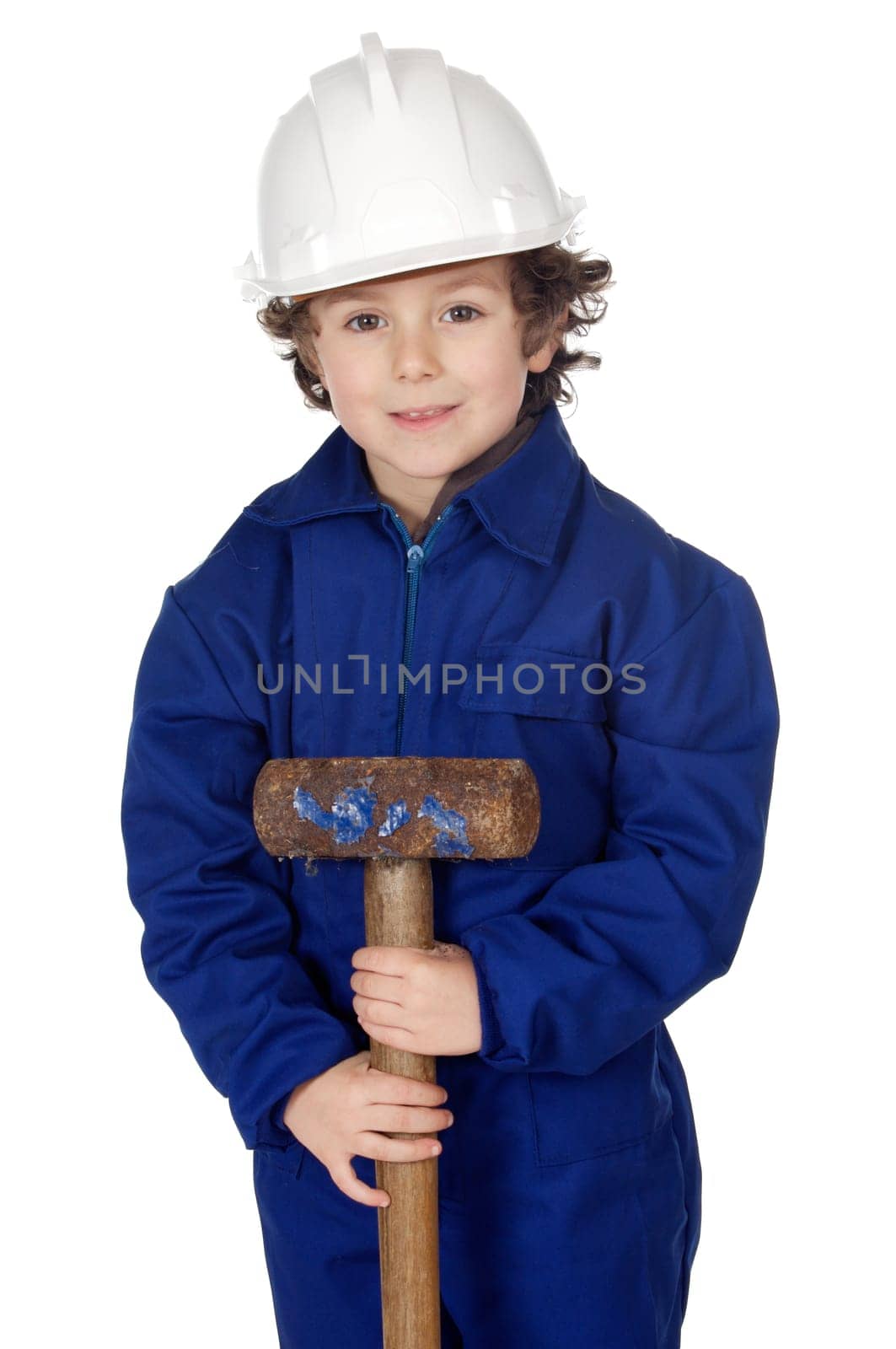 Adorable boy dressed worker in a hammer and a helmet a over white background