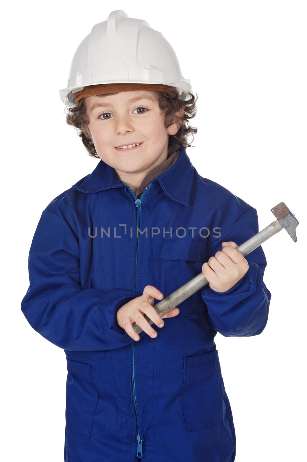 Adorable boy dressed worker in a hammer and a helmet a over white background