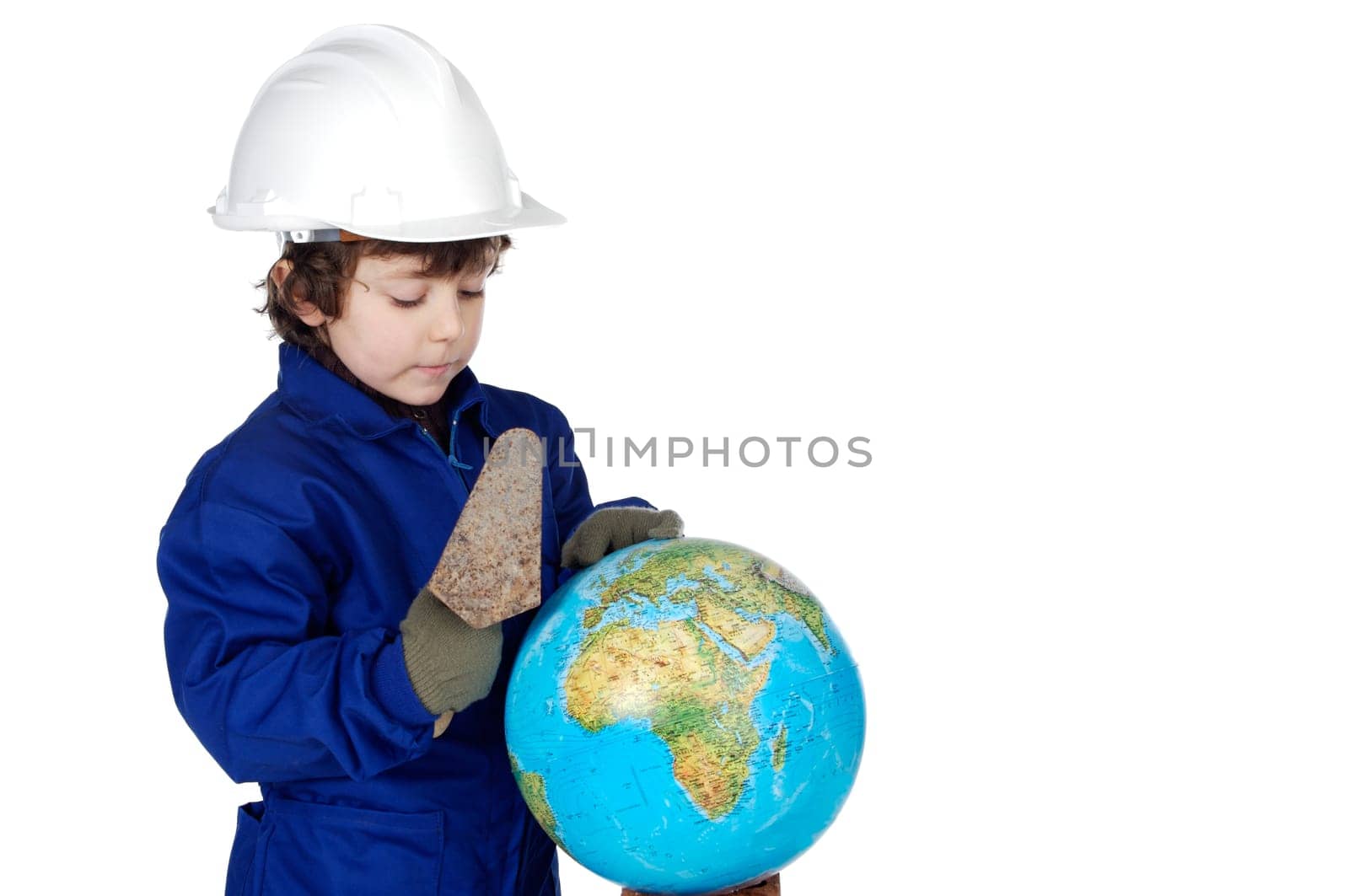 Adorable future builder constructing the world a over white background