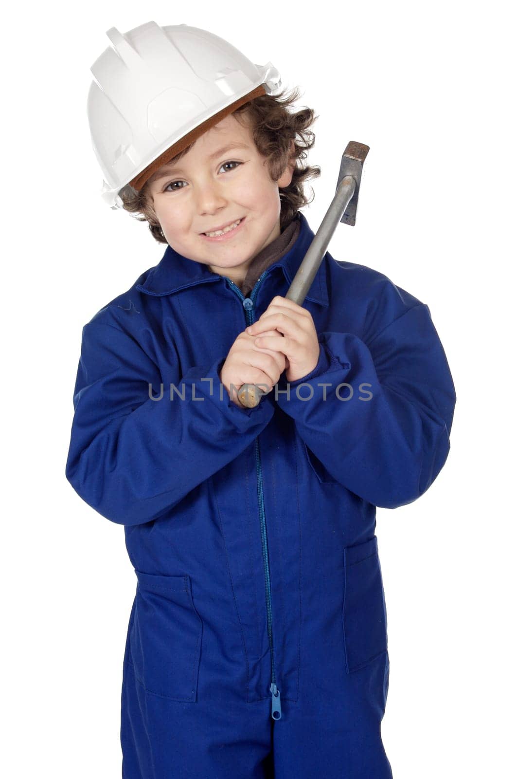 Adorable boy dressed worker in a hammer and a helmet a over white background