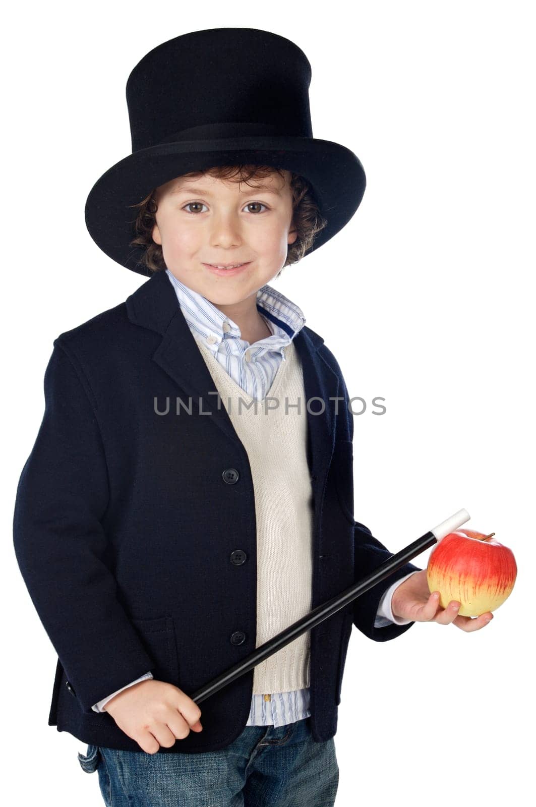 Adorable child dress of illusionist with hat a over white background